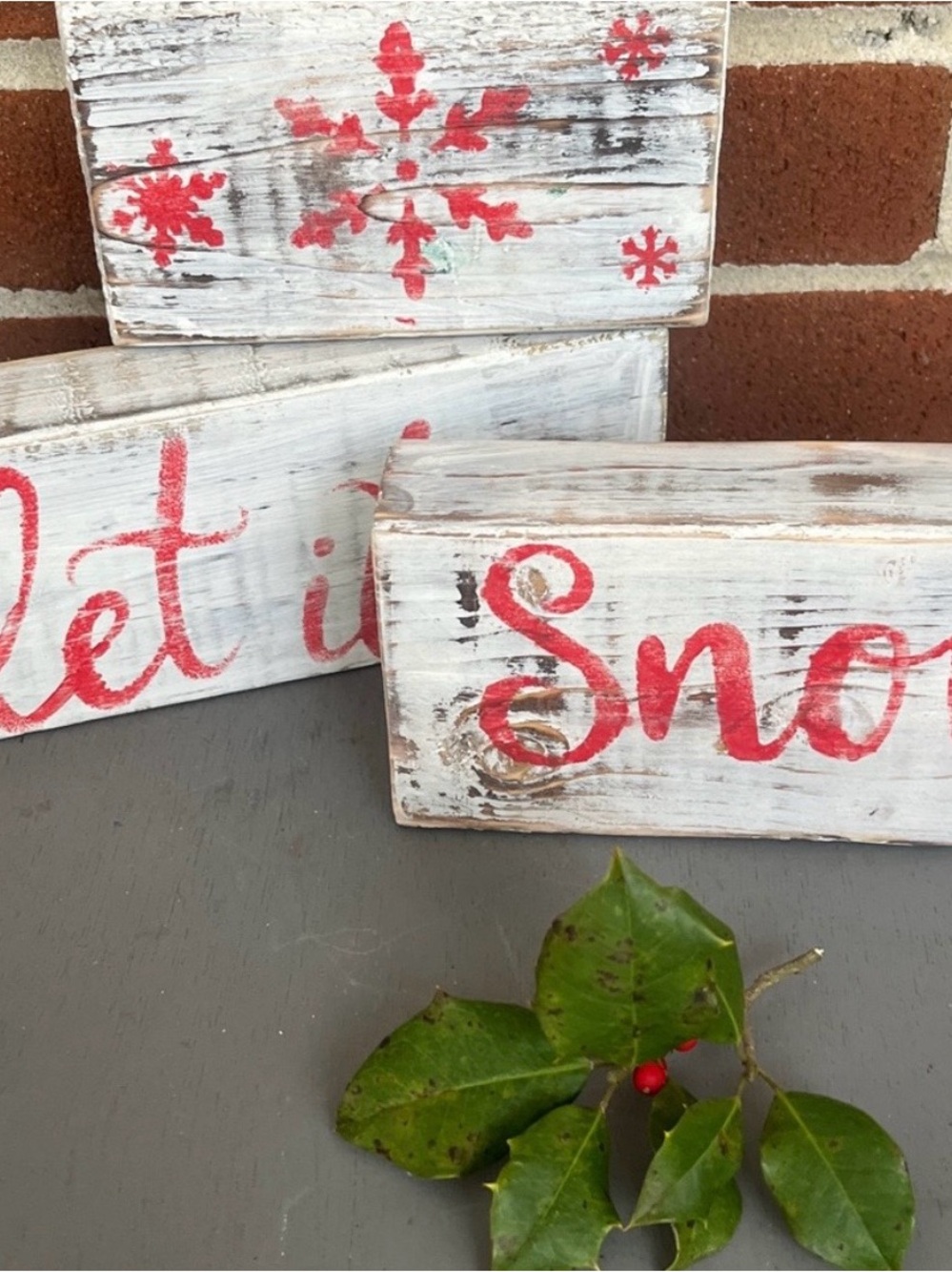 Let It Snow Rustic Wood Holiday Blocks- White and Red Distressed New